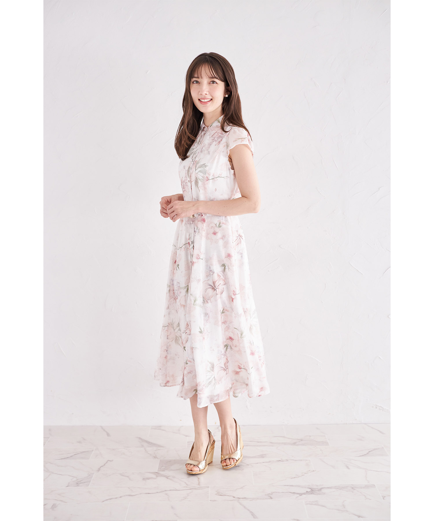 ベルト付き水彩シアーフラワープリントシャツワンピース