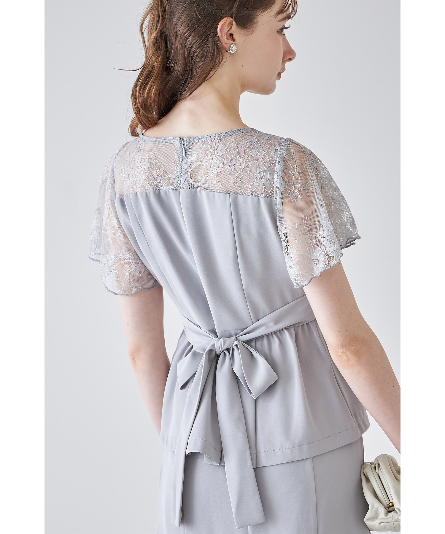 レース切り替えペプラムトップス×タイトスカートセットアップ