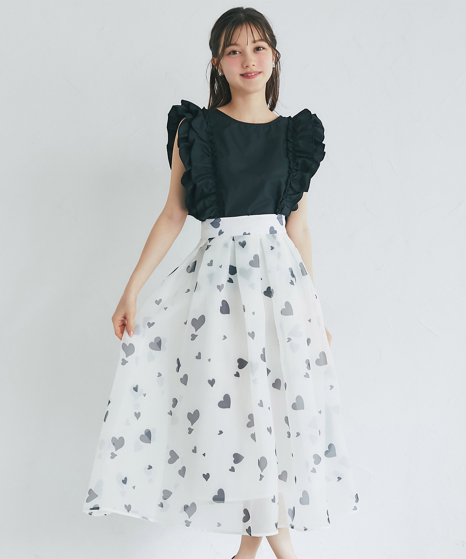 ハートプリントオーガンジータックフレアスカート