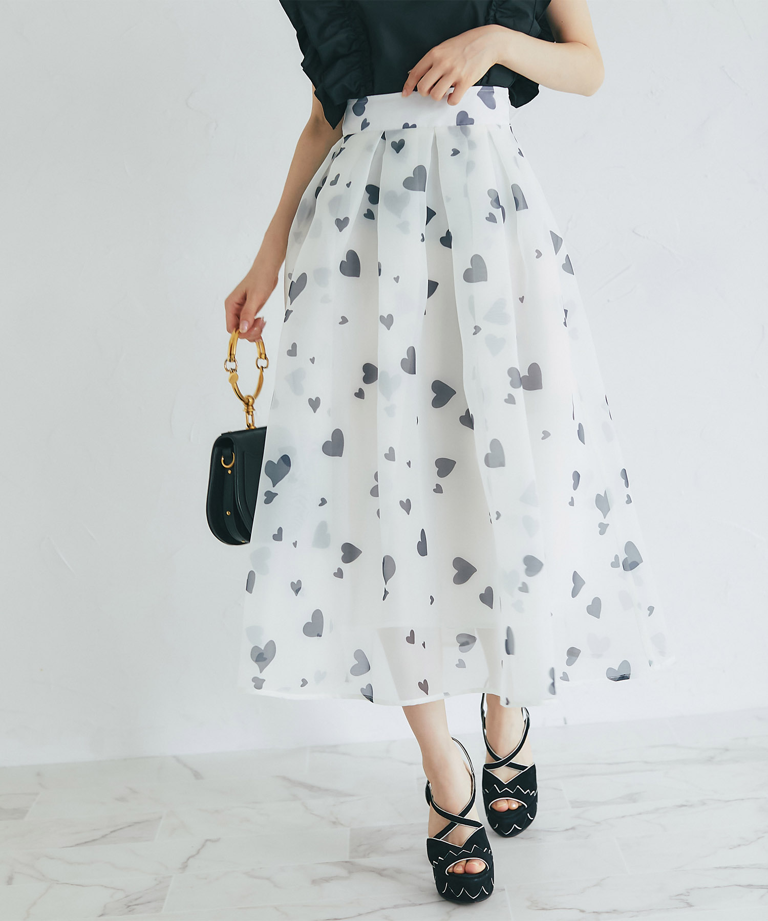 ハートプリントオーガンジータックフレアスカート