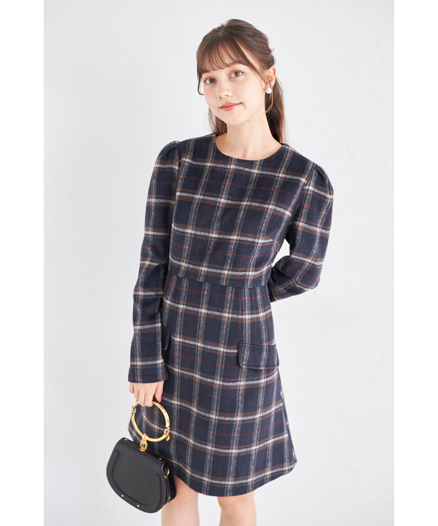 フェイクポケット付き起毛チェック台形ミニワンピース