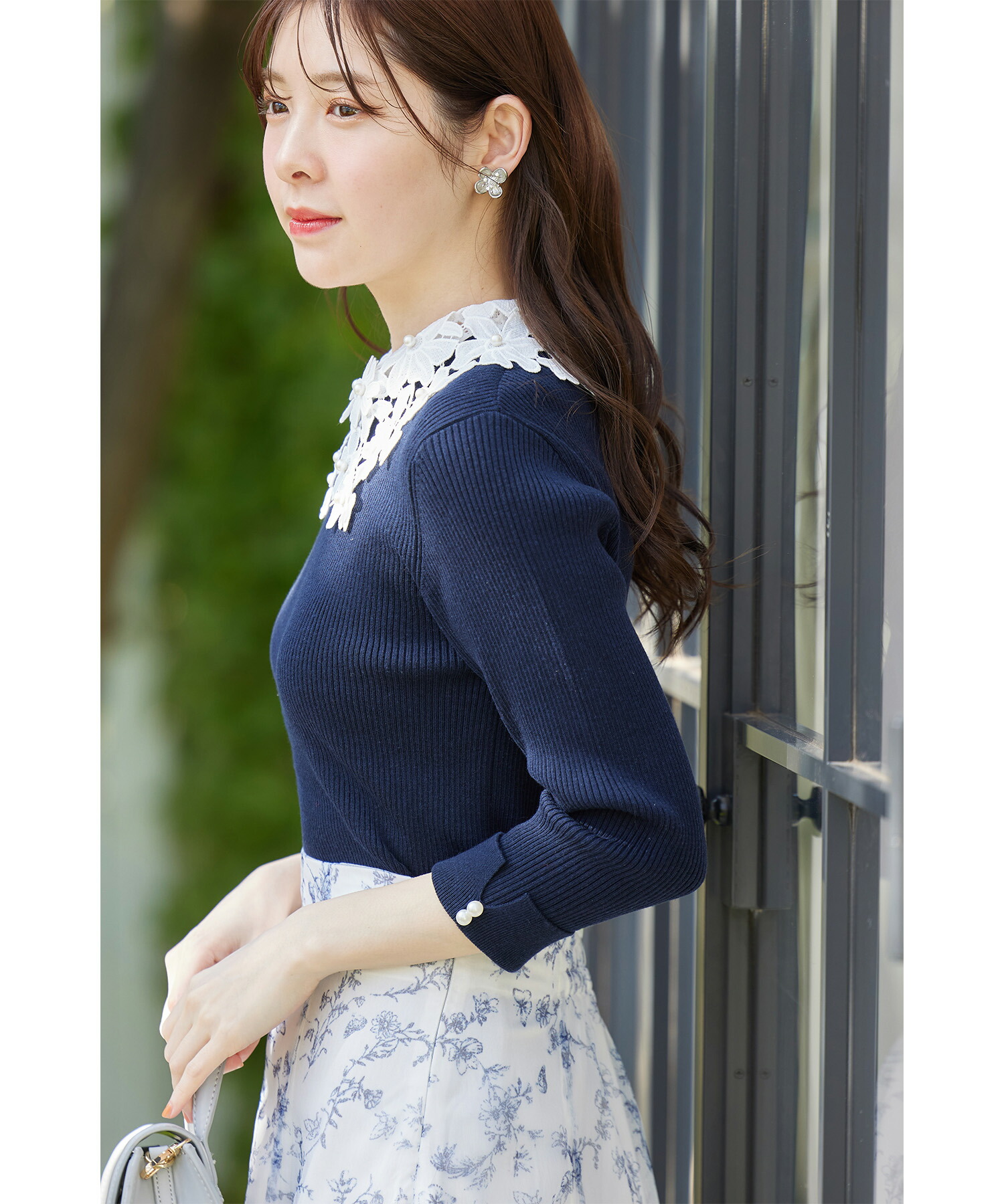 2WAYレース襟付き袖口パール装飾リブニットプルオーバー