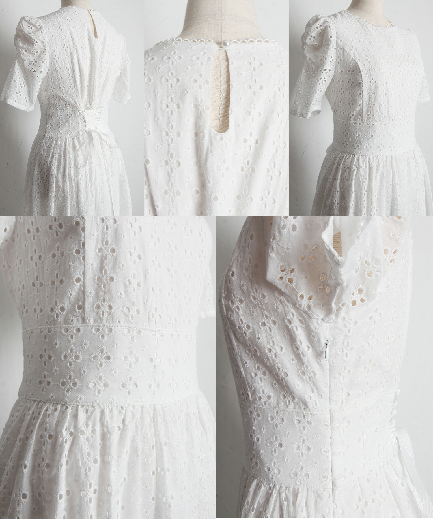 バックレースアップギャザースリーブカットワークレースワンピース