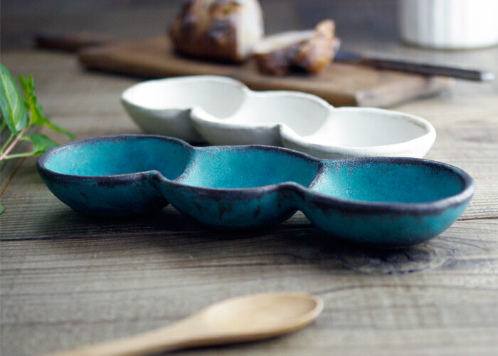 バブル シャビーターコイズ 三連薬味皿 益子焼 小皿 オードブル皿