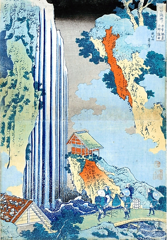 上松の名所、見に来たのか 諸国瀧廻り 木曽海道小野ノ瀑布 【浮世絵の