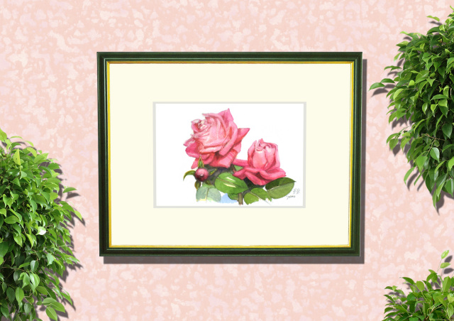 水彩画・志村好子「薔薇」（絵寸160×242・額寸318×410mm）
