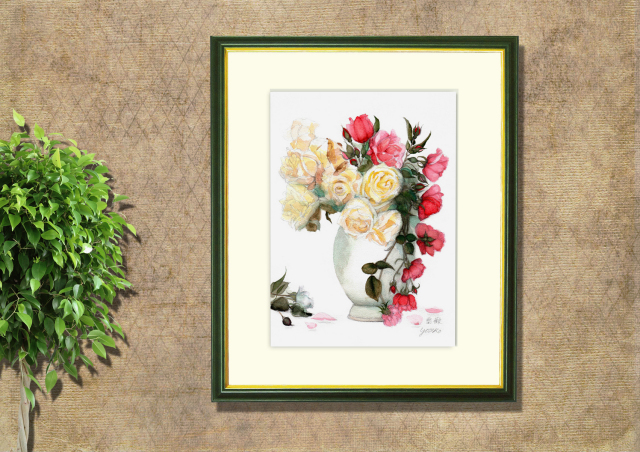 志村好子「薔薇（赤・クリーム）」水彩画（絵寸250×330・額寸377×454mm）