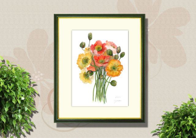 志村好子「ポピー」水彩画（絵寸241×333・額寸377×454mm）