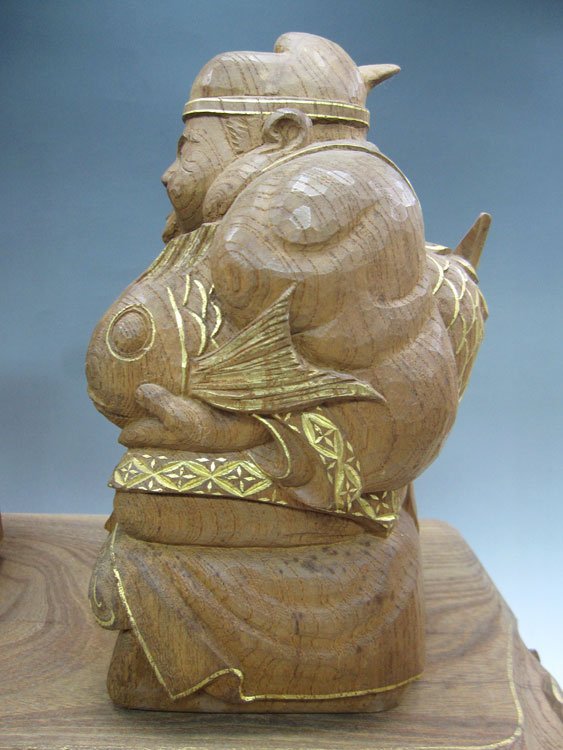 欅 恵比寿大黒 日本彫刻 仏師 藤井崇護作 截金仕上 在銘 古代仏像彫刻