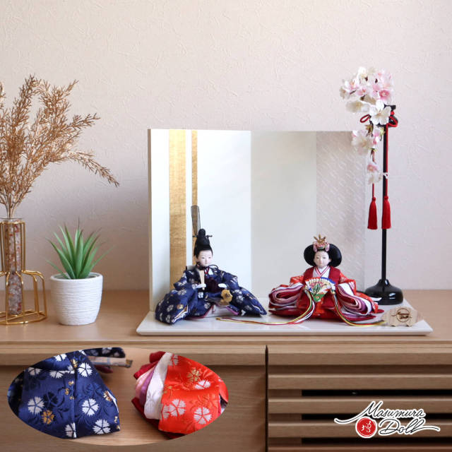 新作 増村オリジナル 柳 親王飾り 桜共柄 紺赤 金ライン七宝和紙屏風