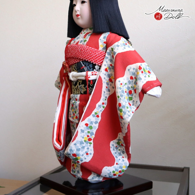 元賀章介作 12号(尺二) 着尺 正絹 別染め エンジ 越前塗台 市松人形