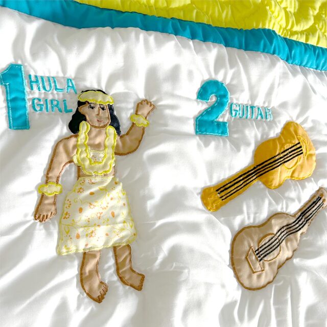 ハワイアンキルト タペストリー 黄色 水色 ベビーブランケット マット