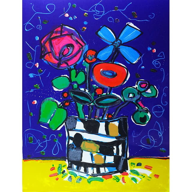 ポール・アイズピリ「青い背景の赤いバラ」リトグラフ 直筆サイン入り