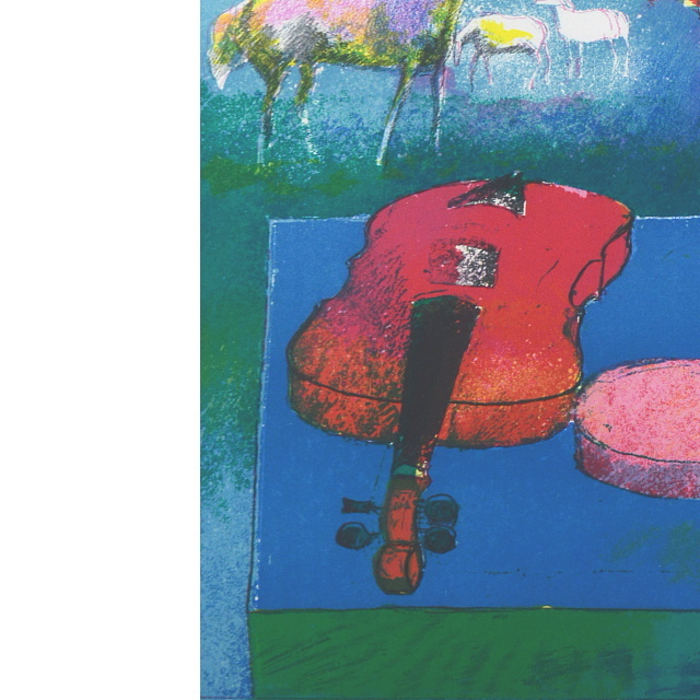 ポール・ギヤマン「青いテーブルのバイオリンと花束」リトグラフ