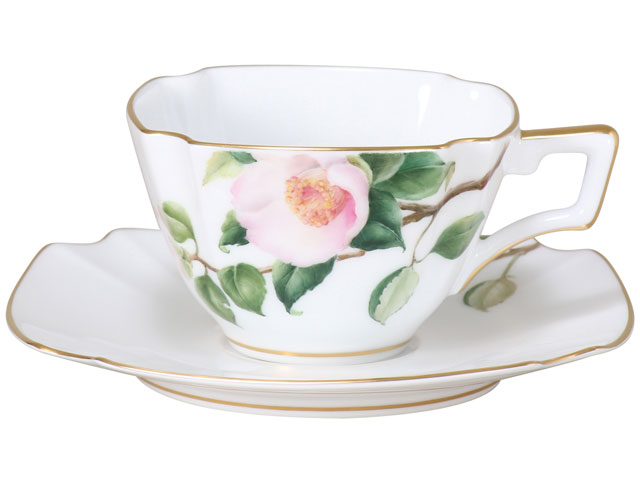 手描き】茶花シリーズ「白椿」 カップ＆ソーサー