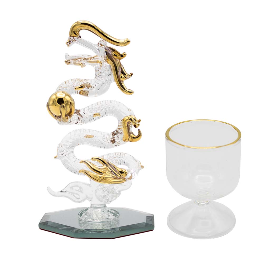 昇龍ガラス細工 Sサイズ 水盃セット 龍の置物 辰年干支インテリア 風水