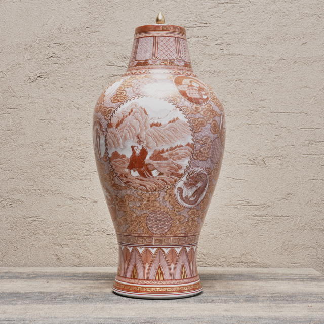 日本 磁器 福島武山 赤繪菊慈童文九谷焼沈香壺