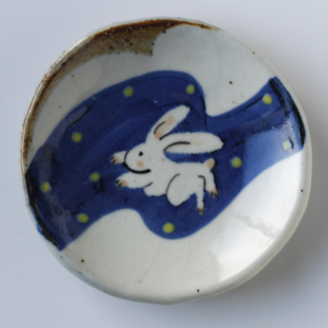 青(染付)うさぎの月見？！」京焼色絵小皿 4客セット 骨董アンティーク