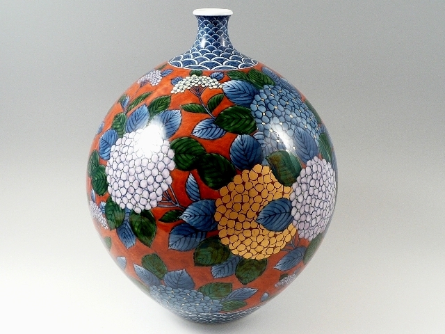 村上玄輝 作品】朱濃紫陽花絵 尺1寸花瓶