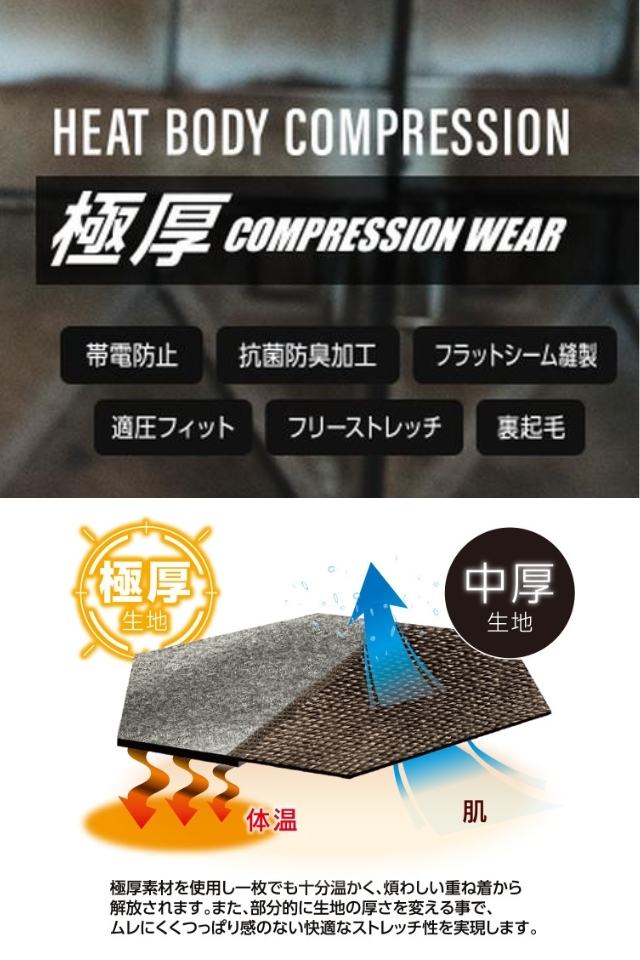 防寒インナー】極厚地の裏起毛ヒートボディネオクールネックシャツGTZ-16