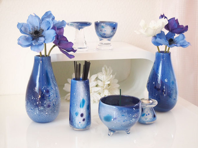 デザイン仏具 RURI（DEEPBLUE）3点セット 送料無料 ブルーのガラス仏具