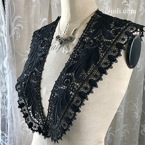 L2665 フランスアンティークレースつけ襟/黒レース衿 リネンケミカル