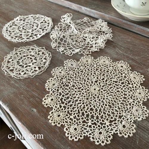 T3119 フランスアンティークレースドイリー4枚 リネンニードルポイント