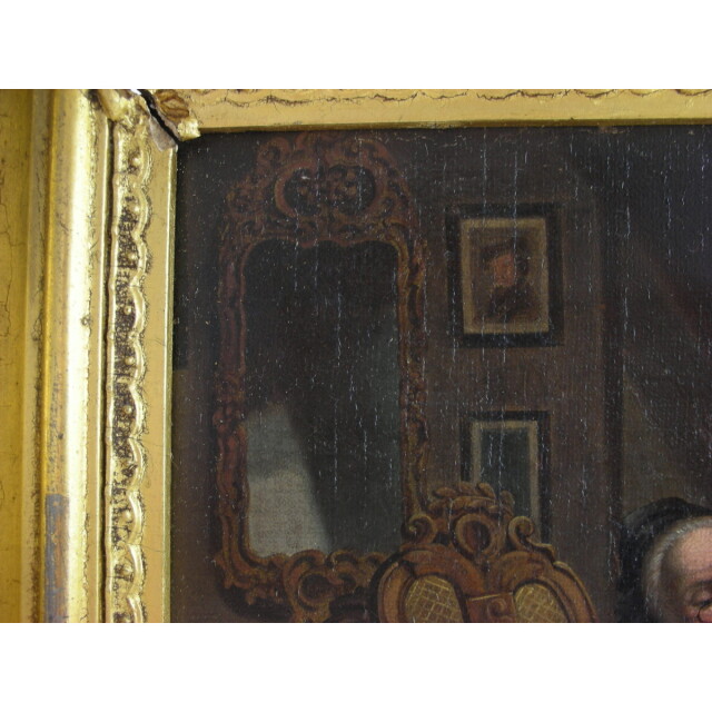 アンティーク 絵画】19世紀 英国 油絵 風俗画 少女に編みものを教える