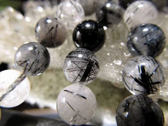 激安宣言 約8mm珠 ブラックトルマリン 針入り水晶 一連 約36-38cm 黒