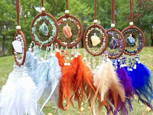 天然石のフェザードリームキャッチャー 全長約30cm 紐で調節可 ネット