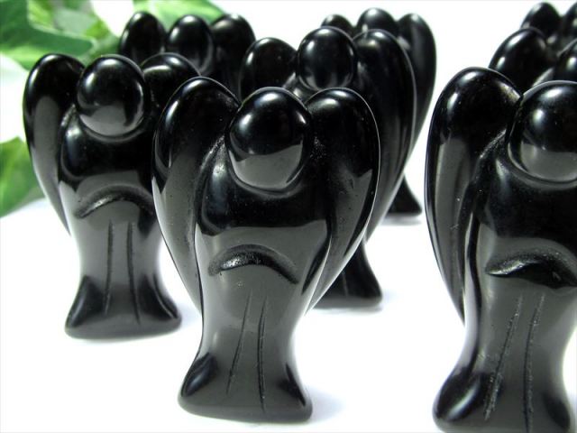 オブシディアン エンジェル彫り 置物 1個売り 縦40mm前後 黒曜石