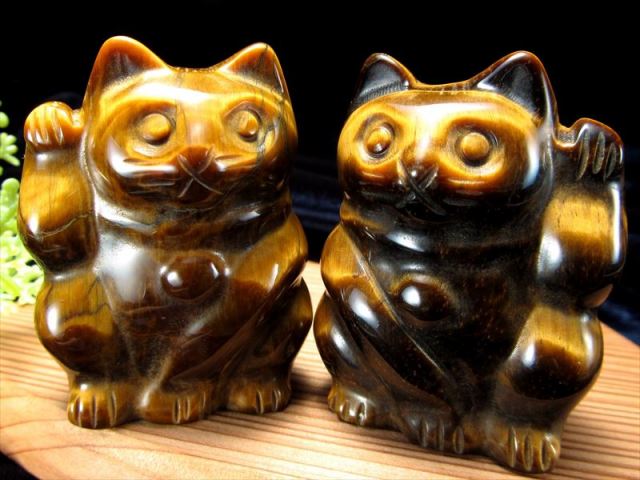 タイガーアイ ペア 招き猫 置物 1匹の重さ約60g-70g 2匹セット 開運