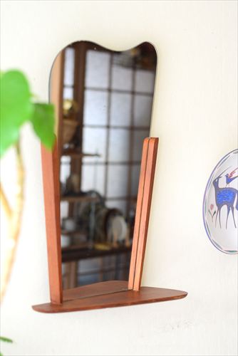 デンマーク製 1960年代 チーク ウォールミラー 53x31cm 棚付き