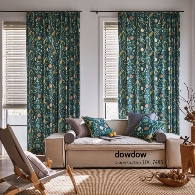 ミッドセンチュリー】レトロな花柄のドレープカーテン【UX-7485】グリーン