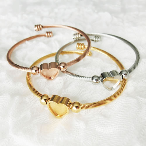 ステンレスブレスレット38 3mm幅 ハート ワイヤー シルバー ゴールド