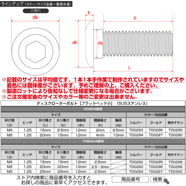 ブレーキ ディスクローター ボルト ヤマハ用 M8×25mm P1.25 ステンレス