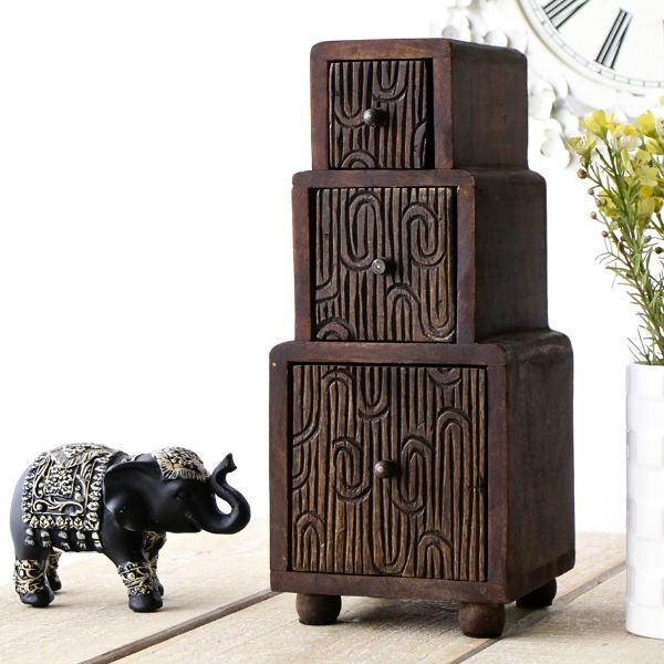 ミニチェスト 木製 卓上 3段 小物入れ 引き出し 彫刻 脚付き 整理収納