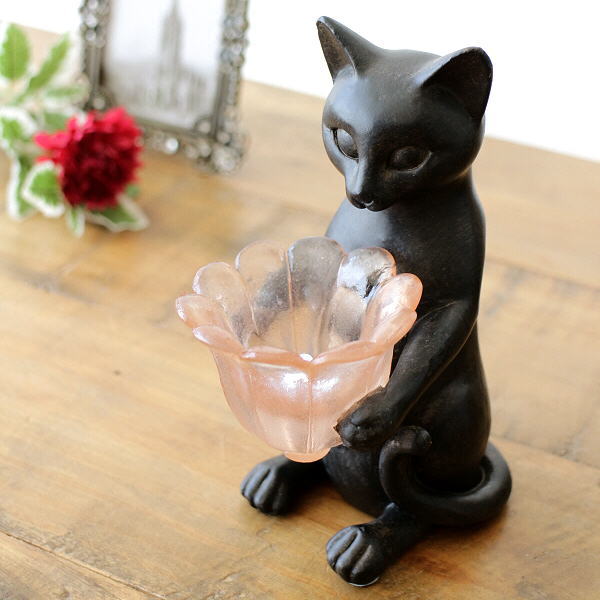 猫 置物 オブジェ アンティーク レトロ アジアン LEDライト 小物 花