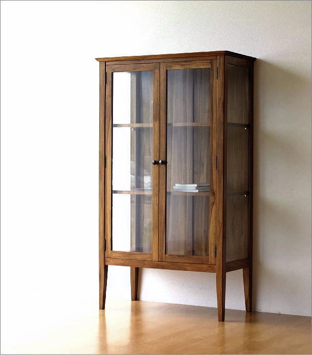 ガラスキャビネット 飾り棚 チーク 無垢材 コレクションケース 天然木
