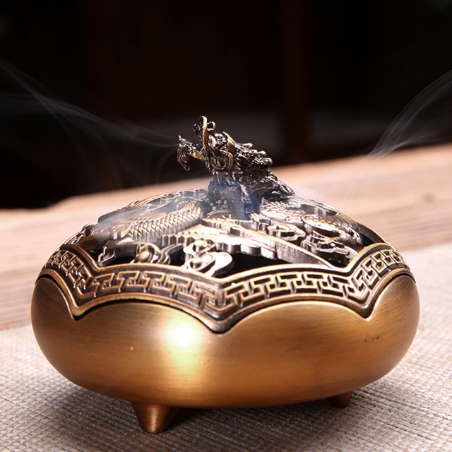 香炉 おしゃれ お香立て 真鍮製 龍 鳳凰 蓋付き 不燃綿入り 丸型 渦巻
