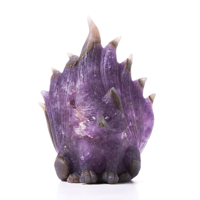 水晶彫刻 九尾の狐 （アメジスト／ブラジル産） No.95 | 神棚・神具の