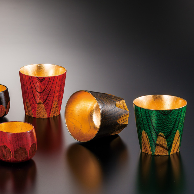 游カップ 欅 漆切子 内金箔 赤/黒/緑 木製 漆塗り FC2-4/5/6 漆器の井助