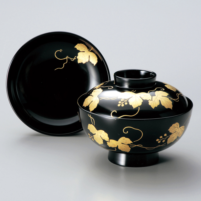 吸物椀 箔つた蒔絵 黒 漆塗り 12-00505 漆器の井助