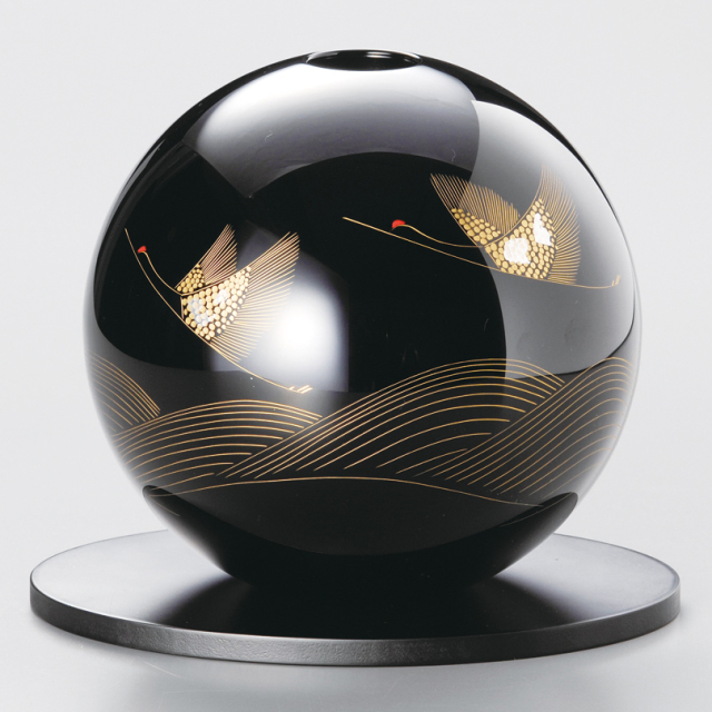 丸型花器（花台付） 沈金サッカーボール 白 漆塗り 漆器の井助