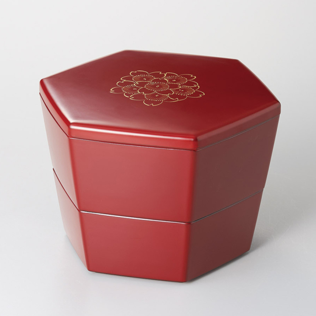 二段重 亀甲入子 沈金桜 溜内黒/古代朱 漆塗り 漆器の井助