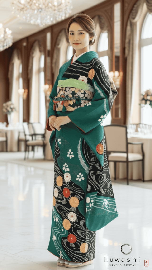 正絹振袖レンタル】 80004 グリーン／ブラック流水柄絞り刺繍正絹