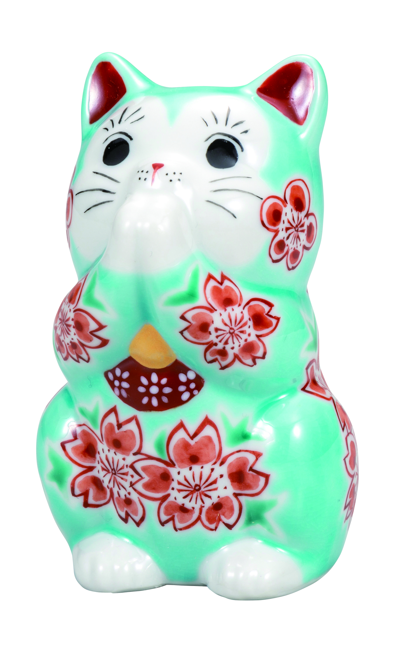 九谷焼 3.2号お祈り猫 トルコ青釉桜