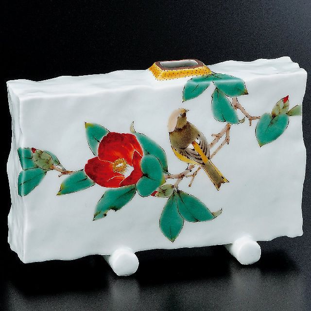 九谷焼作家 ギフト ご贈答品 御祝い九谷焼7.5号扁壷 椿に尉翁鳥 山田