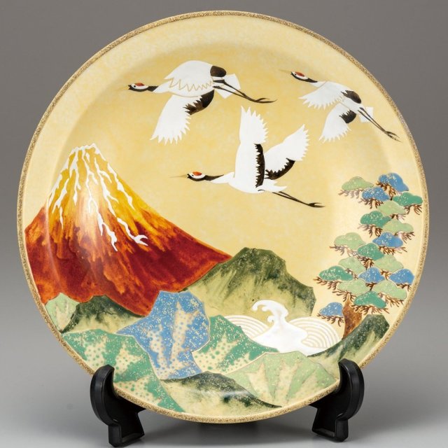 九谷焼ギフト ご贈答品 御祝い九谷焼10号飾皿 赤富士に鶴（皿立付