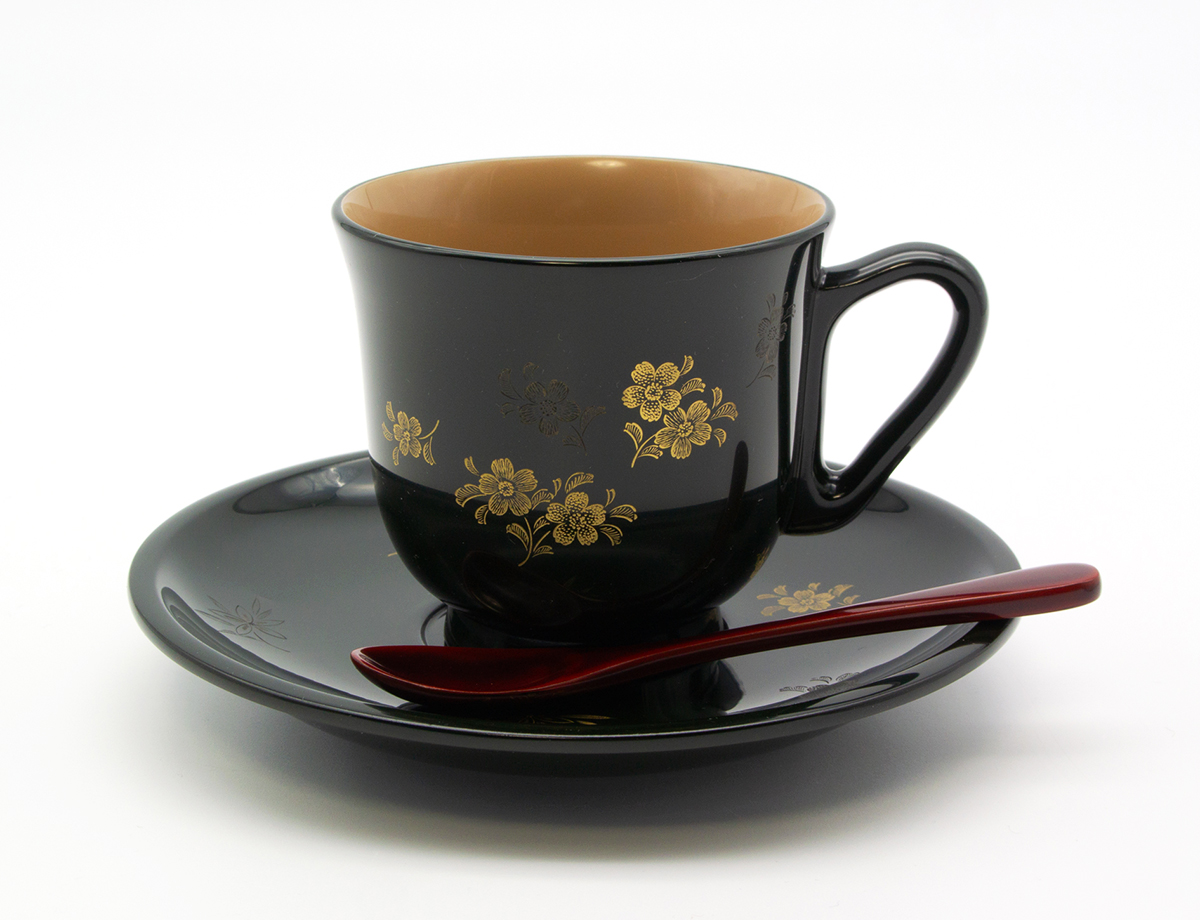 復興支援》輪島塗 コーヒーカップ（グリーン 小花ちらし沈金） かぶら